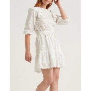 Lucky Brand White dress Sz L Peasant Ruffle White Woven Doen Style Cottage Core